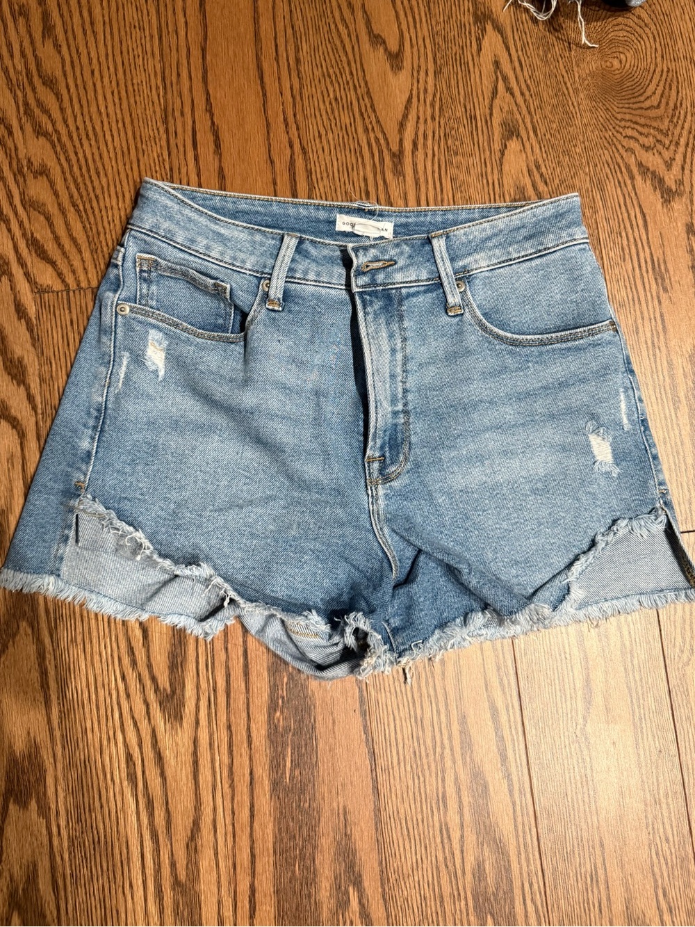 Good American Light Blue Distressed High-Rise Denim Shorts